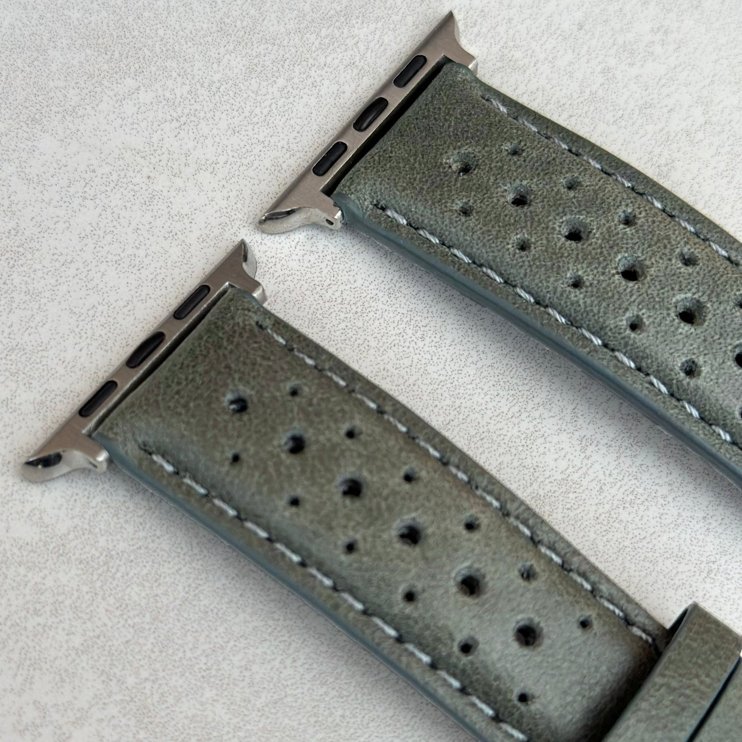 Top of the perforated full grain leather Apple Watch strap. Padded Apple Watch strap. Watch And Strap.