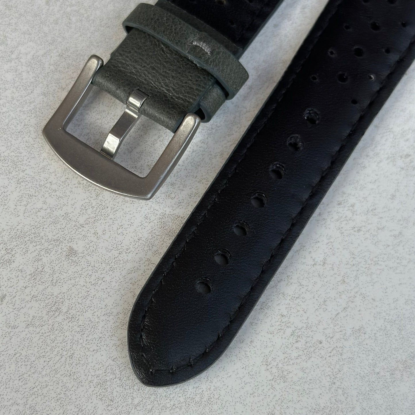 Underside of the brushed 316L stainless steel buckle on the Montecarlo grey watch strap.