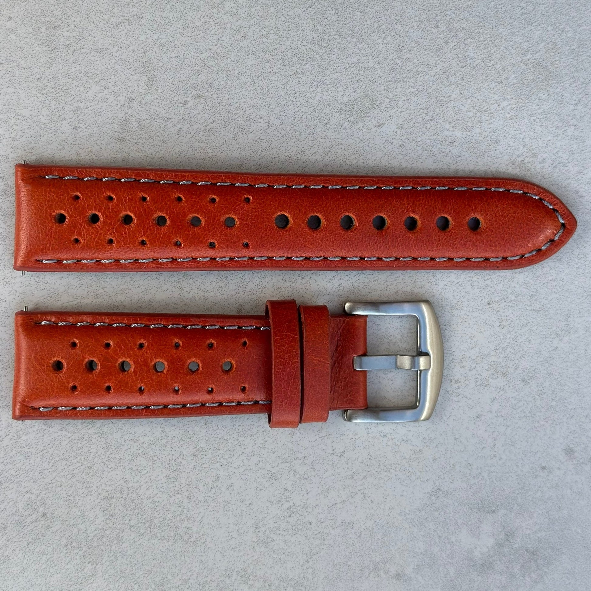 Perforated orange full grain leather watch strap. Rally watch strap. 18mm, 20mm, 22mm, 24mm. Watch And Strap.