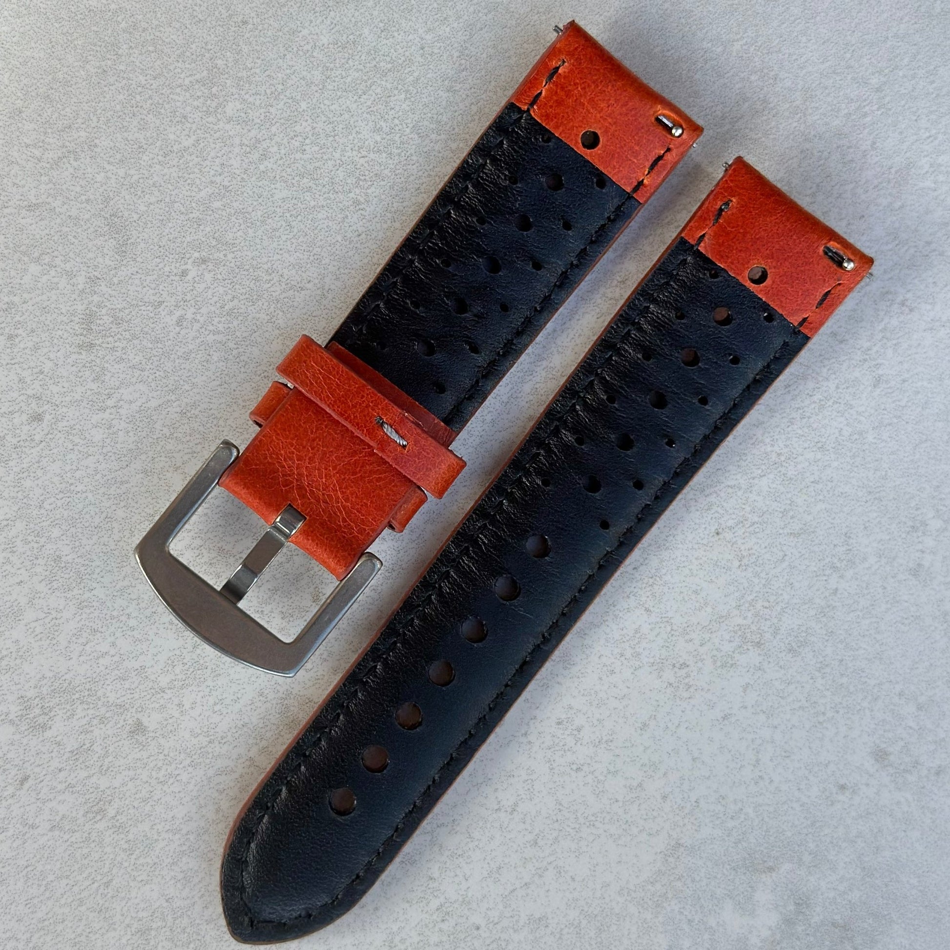 Underside of the Montecarlo perforated leather watch strap. Quick release pins. Black leather. Watch And Strap.