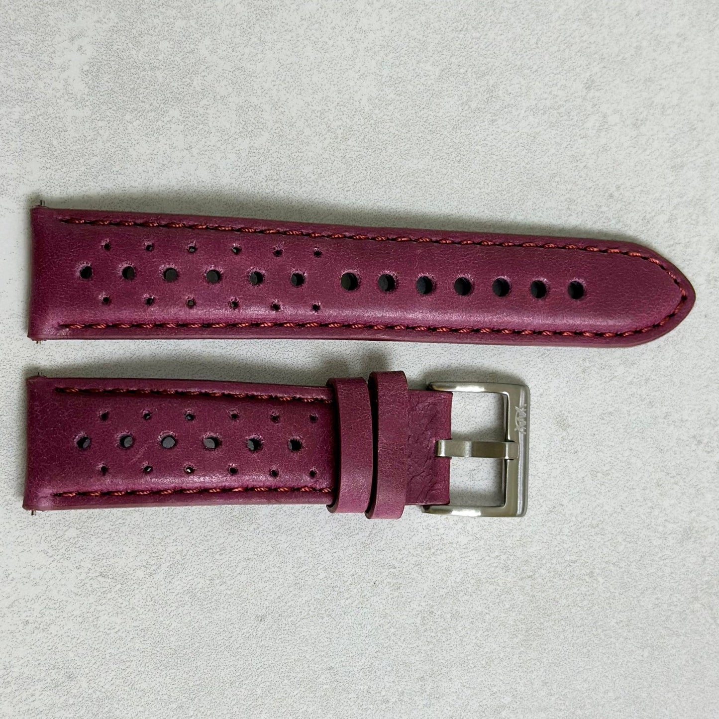 Plum purple perforated leather rally watch strap. 18mm, 20mm, 22mm, 24mm. Watch And Strap