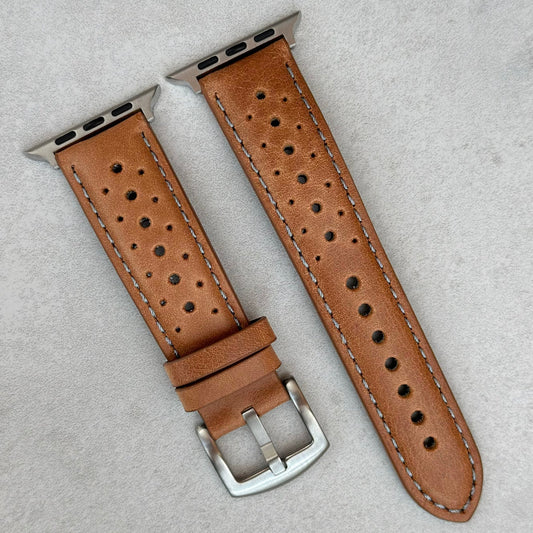 Montecarlo tan rally watch strap. Perforated leather watch strap. Series 3, 4, 5, 6, 7, 8, 9, SE and Ultra. Watch And Strap