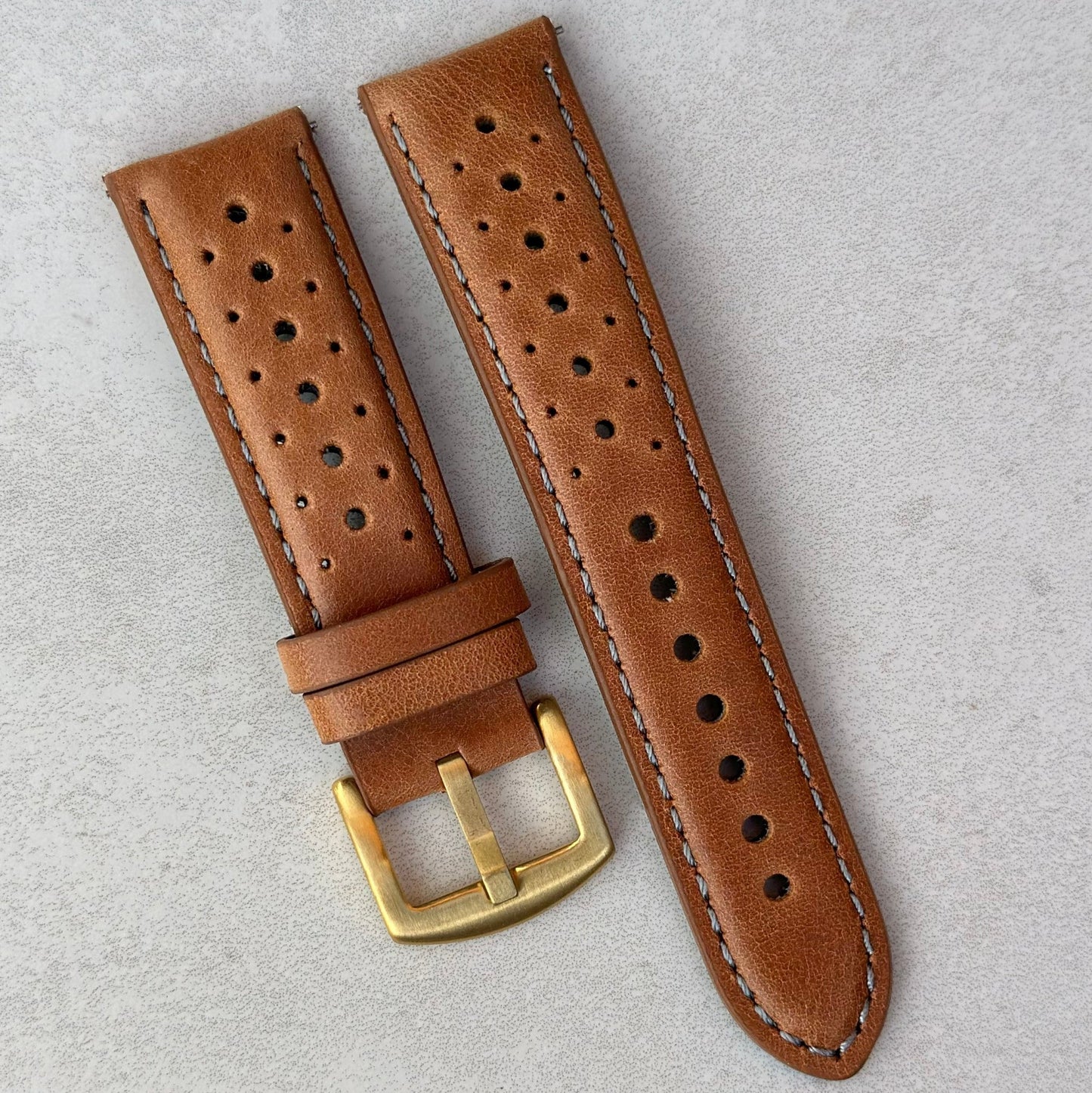 Vintage tan perforated leather watch strap. PVD gold stainless steel buckle. 18mm, 20mm, 22mm, 24mm. Watch And Strap.