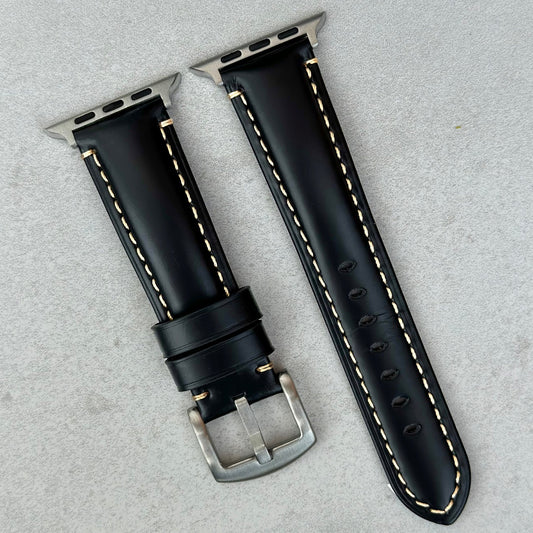Oslo black full grain leather Apple Watch strap. Apple Watch series 3, 4, 5, 6, 7, 8, 9, SE and Ultra. Watch And Strap