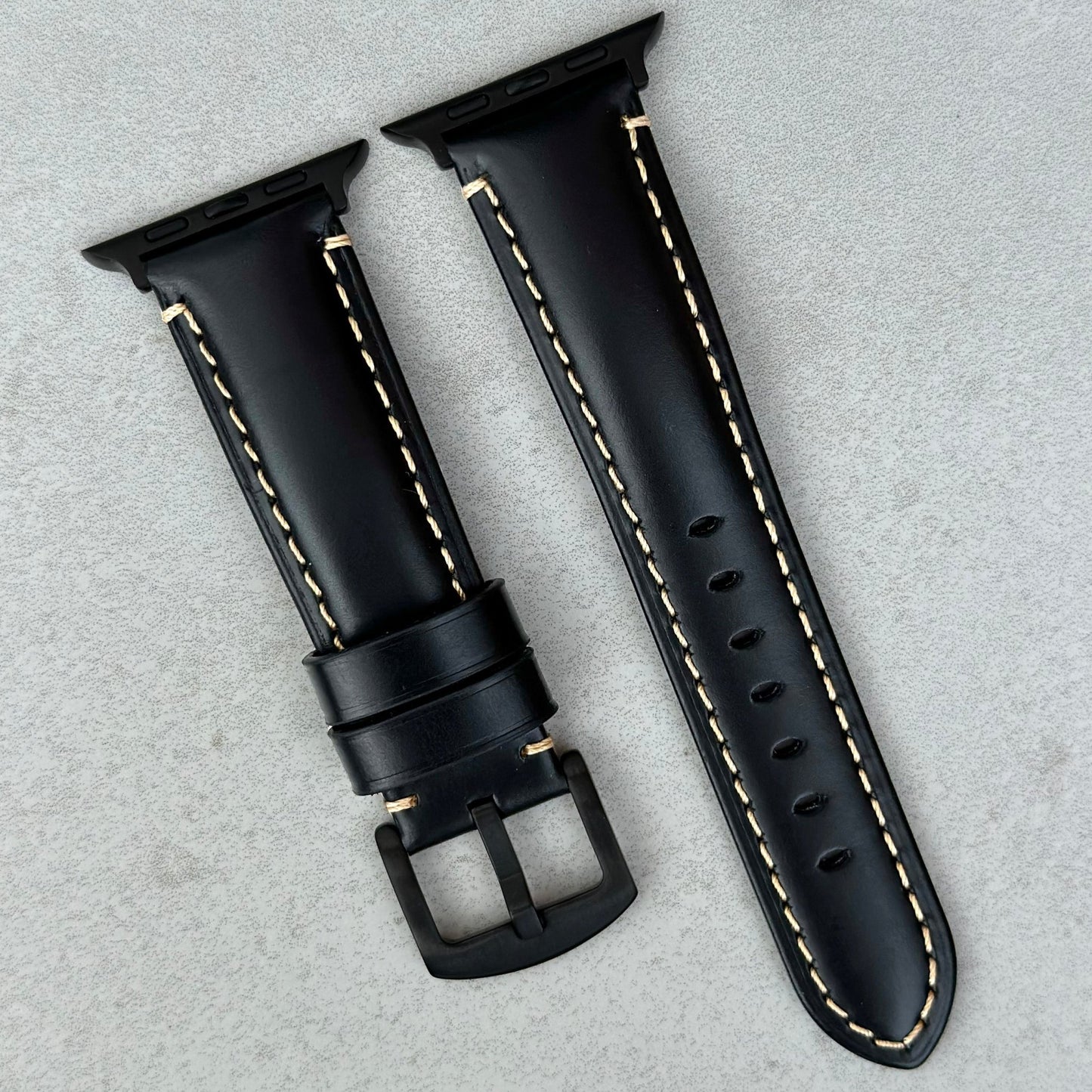 Oslo black full grain leather Apple Watch strap. PVD black stainless steel buckle. Watch And Strap.