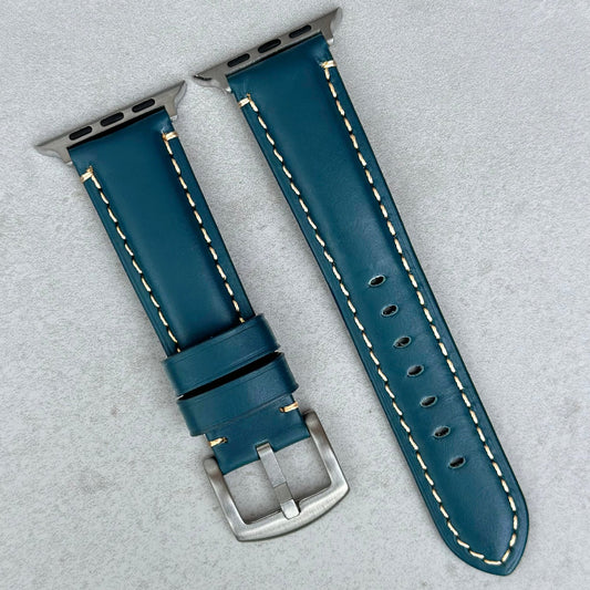 Oslo blue full grain leather Apple Watch strap. Contrast ivory stitching. Series 3, 4, 5, 6, 7, 8, 9, SE and Ultra.