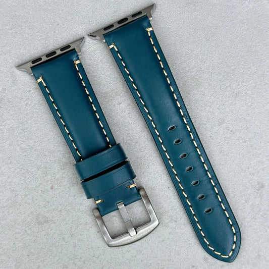Oslo blue full grain leather Apple Watch strap. Contrast ivory stitching. Series 3, 4, 5, 6, 7, 8, 9, SE and Ultra.