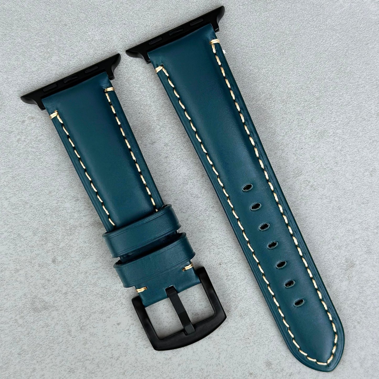 Oslo blue full grain leather watch strap. PVD black stainless steel hardware. Series 3, 4, 5, 6, 7, 8, 9, SE and Ultra.