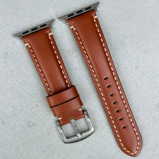 Oslo caramel brown full grain leather Apple Watch strap. Contrast ivory stitching. Series 3, 4, 5, 6, 7, 8, 9, SE and Ultra.