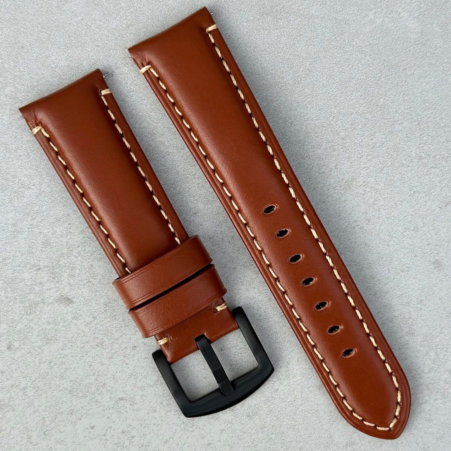Olso caramel brown full grain leather watch strap with PVD black brushed stainless steel buckle. Watch And Strap 20mm, 22mm
