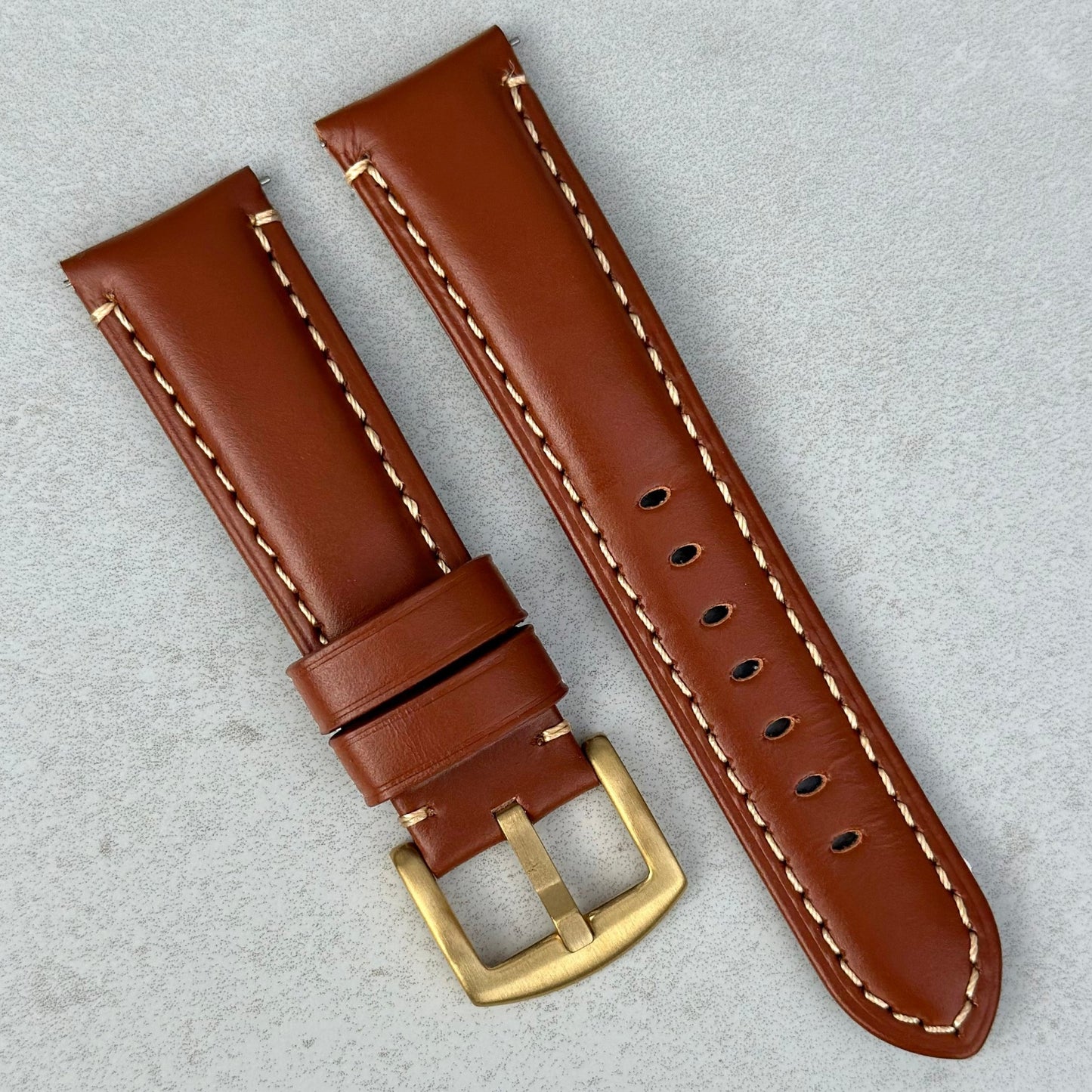 Oslo caramel brown full grain leather watch strap with PVD gold brushed stainless steel buckle. Watch And Strap. 20mm, 22mm