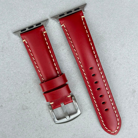 Oslo red full grain leather Apple Watch strap. Ivory stitching. Series 3, 4, 5, 6, 7, 8, 9, SE, Ultra. Watch And Strap