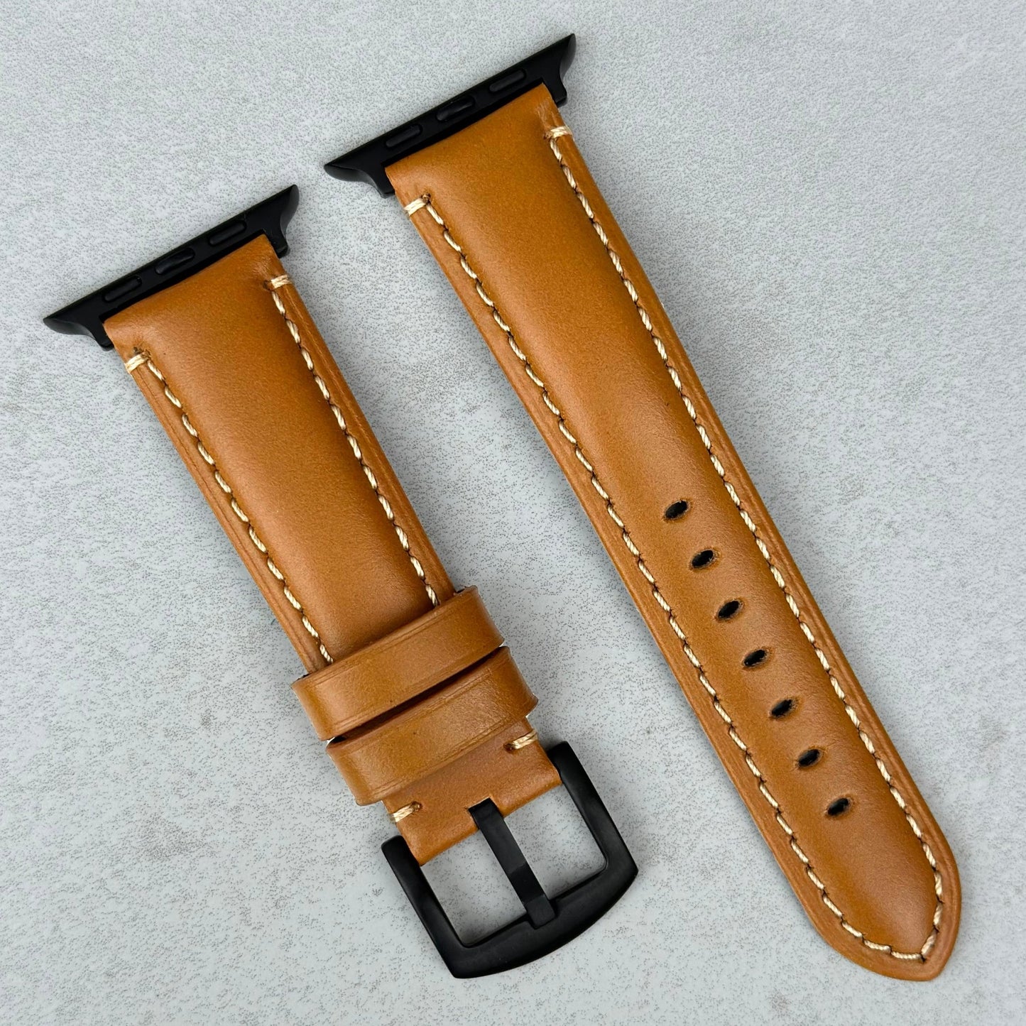 Oslo tan full grain leather Apple Watch strap. PVD black stainless steel hardware. Series 3, 4, 5, 6, 7, 8, 9, SE and Ultra.