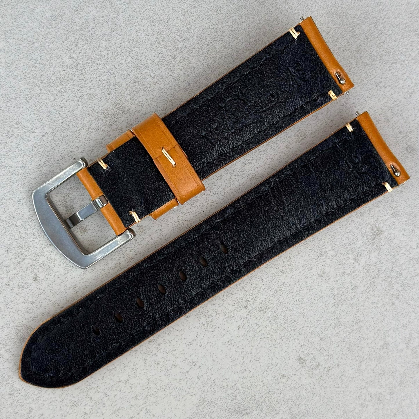 Rear of the Oslo tan full grain leather watch strap. Quick release pins. Watch And Strap logo. 18mm, 20mm, 22mm, 24mm
