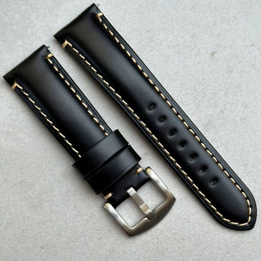 Oslo black full grain leather watch strap. Contrast ivory stitching. 18mm, 20mm, 22mm, 24mm. Watch And Strap.