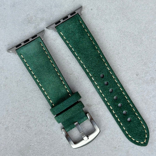 Hunter green suede Apple Watch strap. Contrast ivory stitching. Apple Watch series 3, 4, 5, 6, 7, 8, 9, SE and Ultra.
