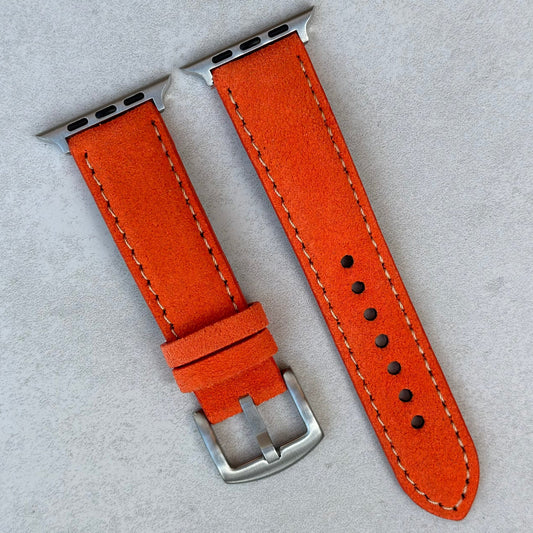 Paris orange suede Apple Watch strap. Apple Watch series 3, 4, 5, 6, 7, 8, 9, SE and Ultra. Watch And Strap.