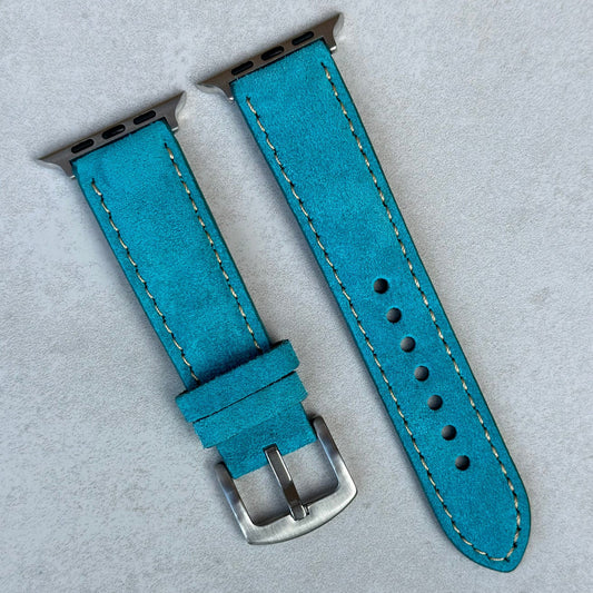 Paris turquoise suede Apple Watch strap. Apple Watch series 3, 4, 5, 6, 7, 8, 9, SE and Ultra. Watch And Strap.