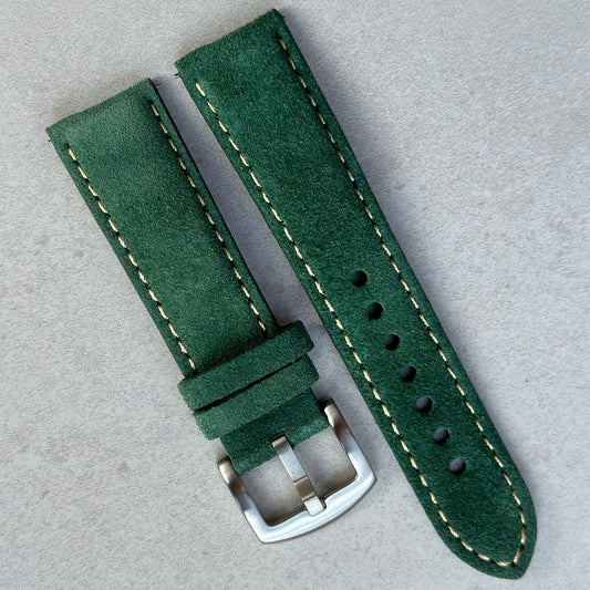 Paris hunter green suede watch strap. Padded suede strap with contrast ivory stitching. 18mm, 20mm, 22mm, 24mm.