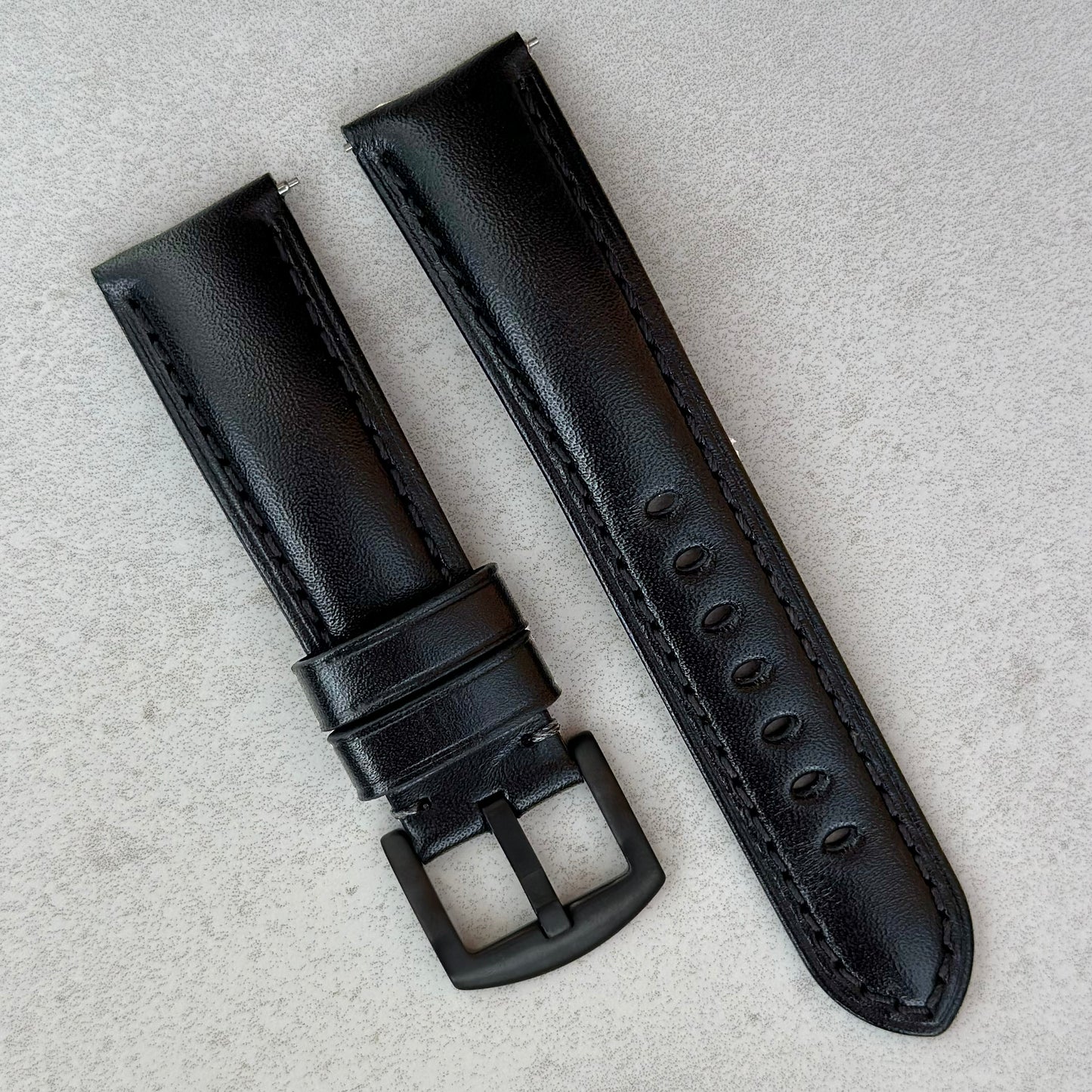 Prague jet black vegetable tanned leather watch strap. PVD black buckle. 18mm, 20mm, 22mm, 24mm. Watch And Strap.