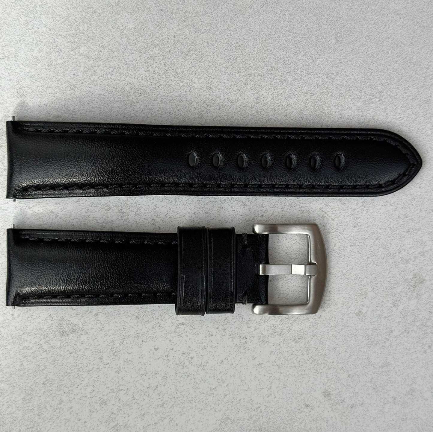 Prague jet black vegetable tanned leather watch strap. Padded leather watch strap. 18mm, 20mm, 22mm, 24mm. Watch And Strap.