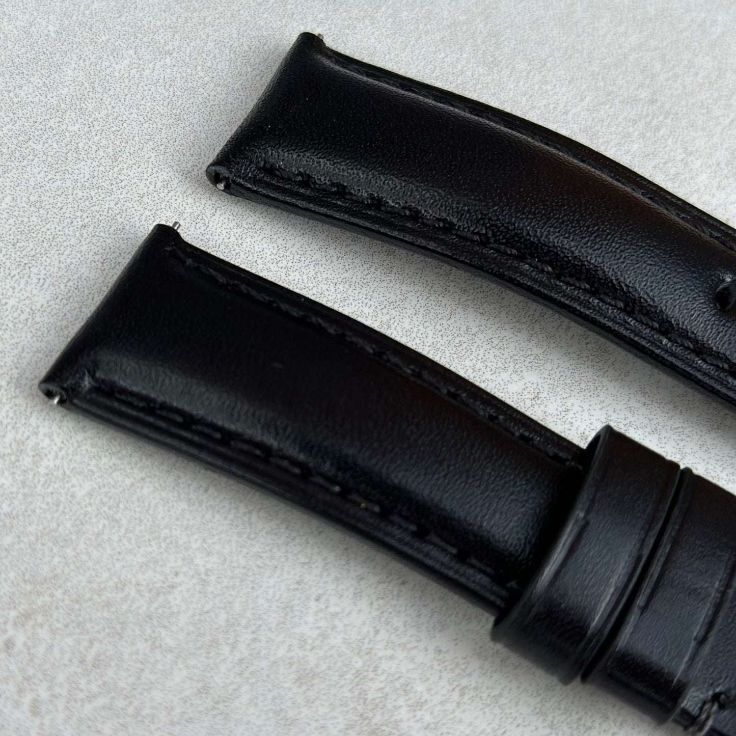 Top of the Prague jet black vegetable tanned leather watch strap. Padded leather watch strap. Watch And Strap.