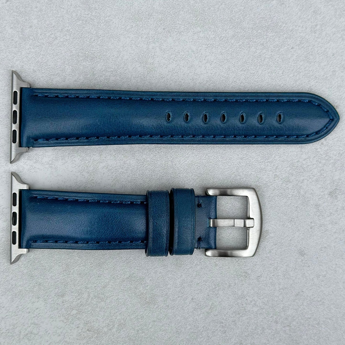 Prague marine blue vegetable tanned leather Apple Watch strap. Apple Watch series 3, 4, 5, 6, 7, 8, 9, SE and Ultra.