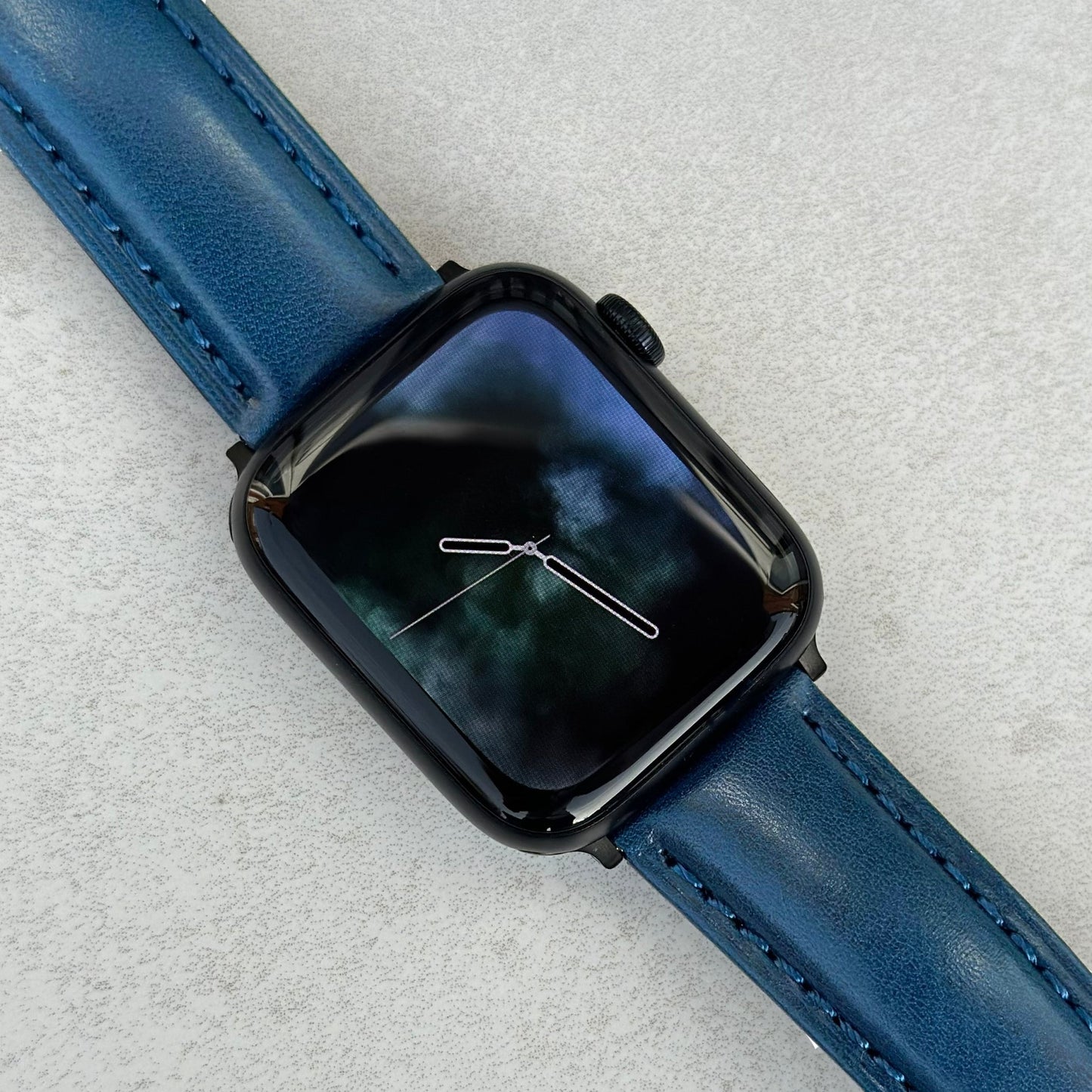 Prague marine blue vegetable tanned leather watch strap on the Apple Watch Series 9. Watch And Strap.