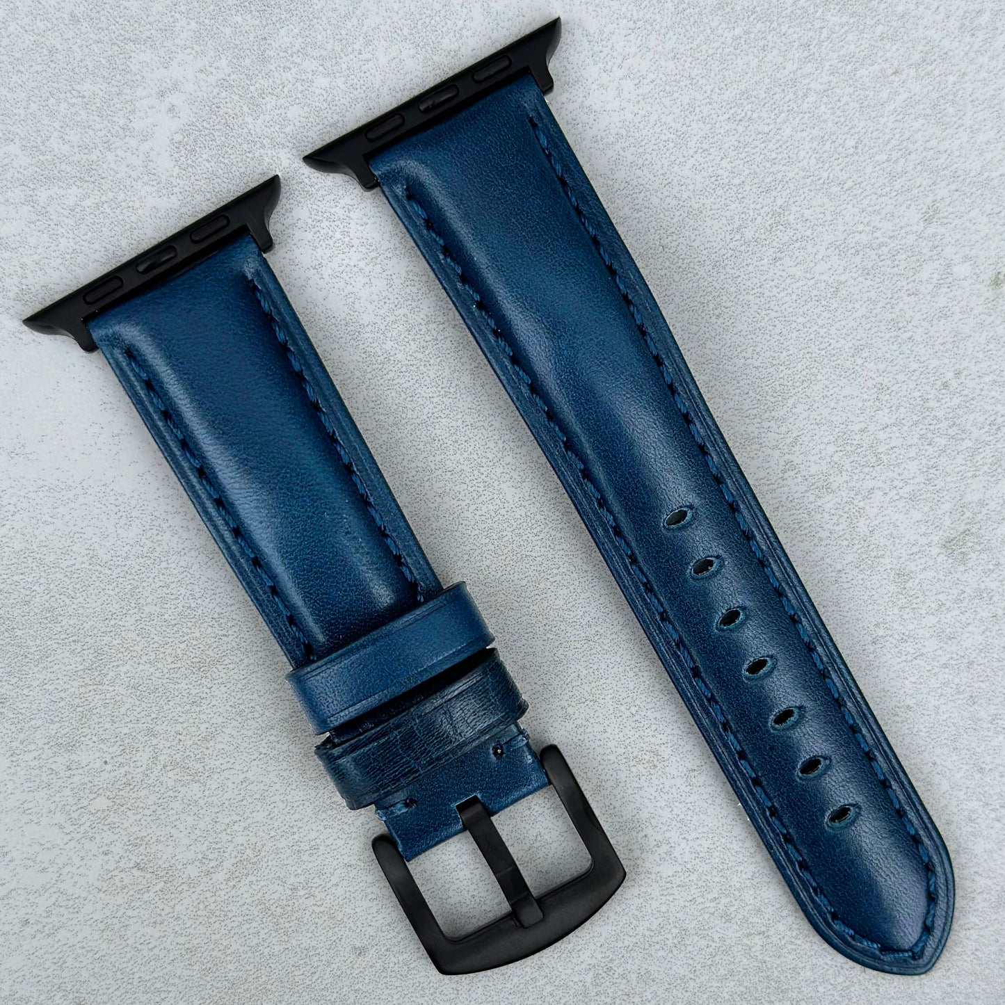 Prague marine blue vegetable tanned leather Apple Watch strap. PVD black buckle. Series 3, 4, 5, 6, 7, 8, 9, SE and Ultra.