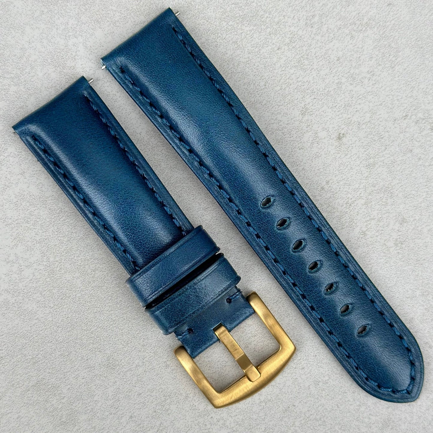Prague marine blue vegetable tanned leather watch strap. PVD gold buckle. 18mm, 20mm, 22mm, 24mm. Watch And Strap.