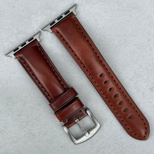 The Prague Chestnut brown vegetable tanned leather Apple Watch strap. Series 3, 4, 5, 6, 7, 8, 9, SE and Ultra.