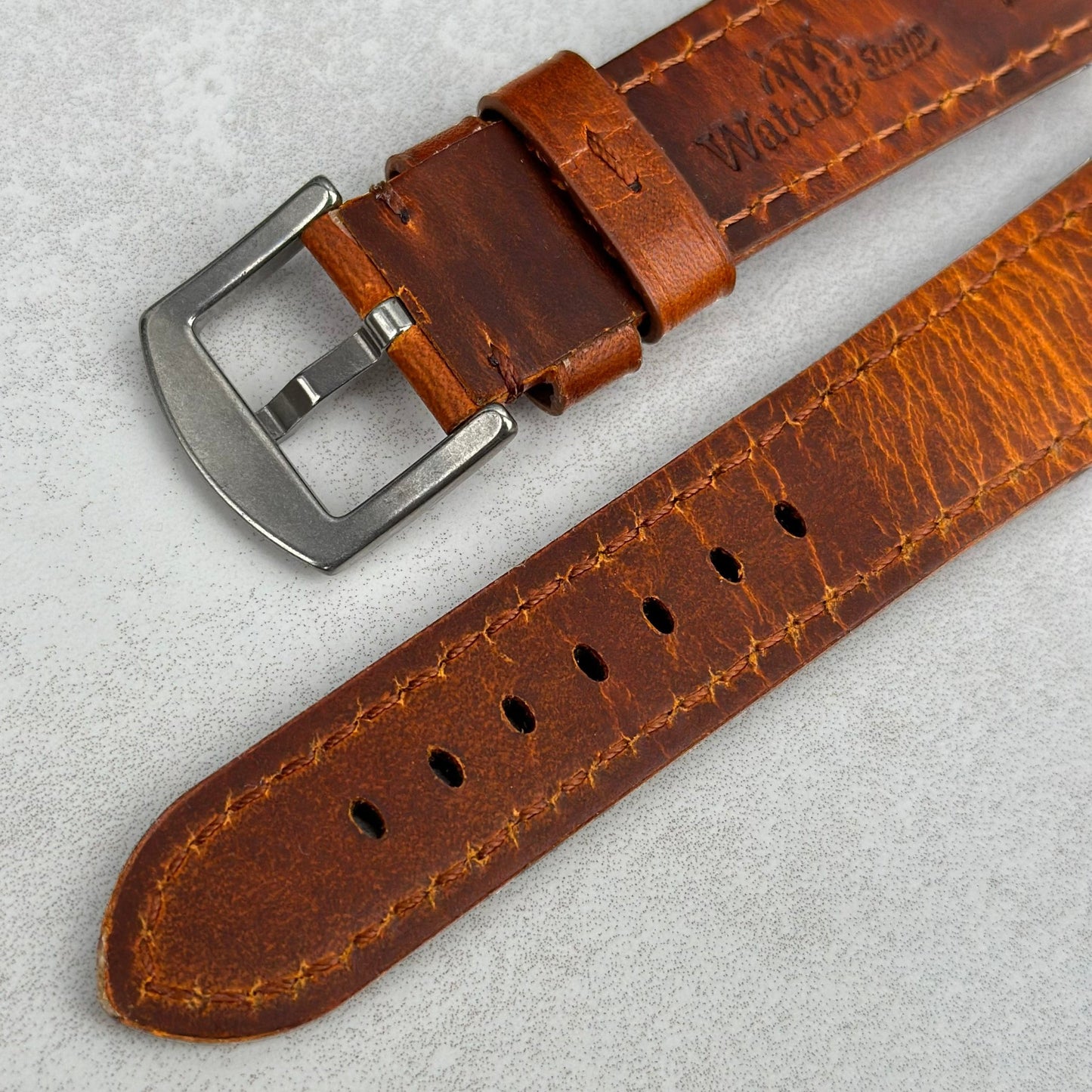 Underside of the buckle on the Prague cognac full grain leather watch strap. Watch And Strap