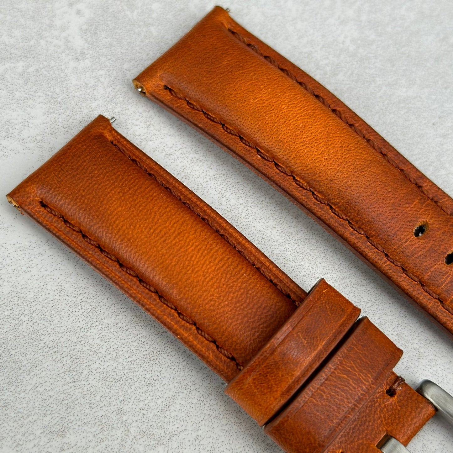 Top of the Prague cognac brown full grain leather watch strap. Padded vegetable tanned leather watch strap. Watch And Strap.