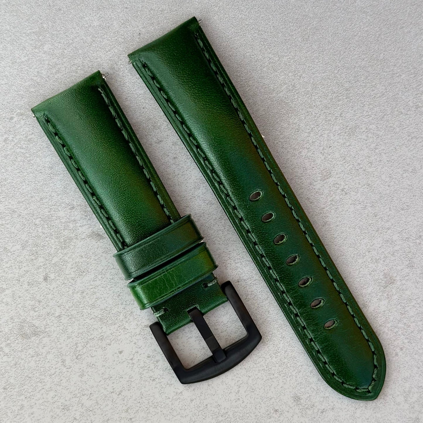 Prague racing green full grain leather watch strap. PVD black buckle. 18mm, 20mm, 22mm, 24mm. Watch And Strap