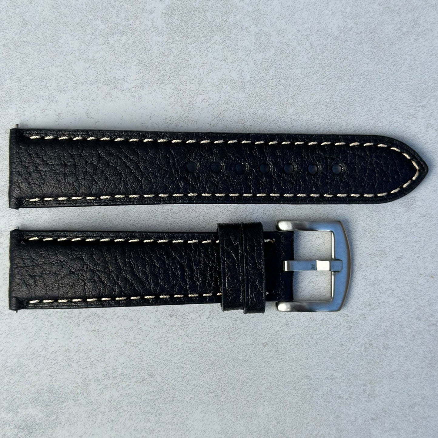Rome jet black Italian leather watch strap. Contrast ivory stitching. 18mm, 20mm, 22mm, 24mm. Watch And Strap.