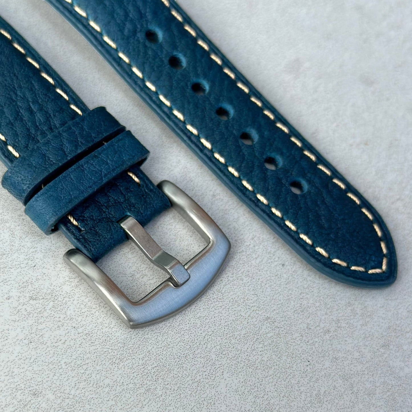 Brushed 316L stainless steel buckle on the Rome Prussian blue Italian leather watch strap. Watch And Strap.