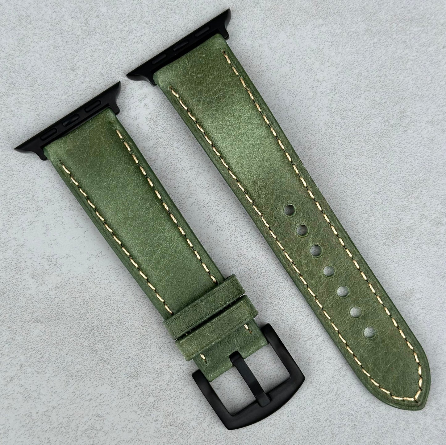 Rome green full grain Italian leather Apple Watch strap. PVD Black. Series 3, 4, 5, 6, 7, 8, 9, SE and Ultra. Watch And Strap