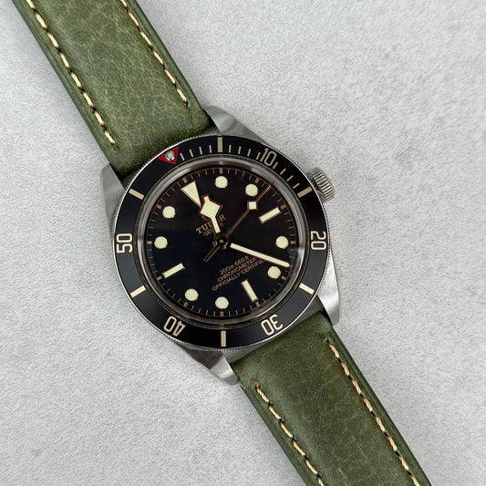 Rome green full grain Italian leather watch strap on the Tudor Blackbay 58. Ivory stitching. Watch And Strap.