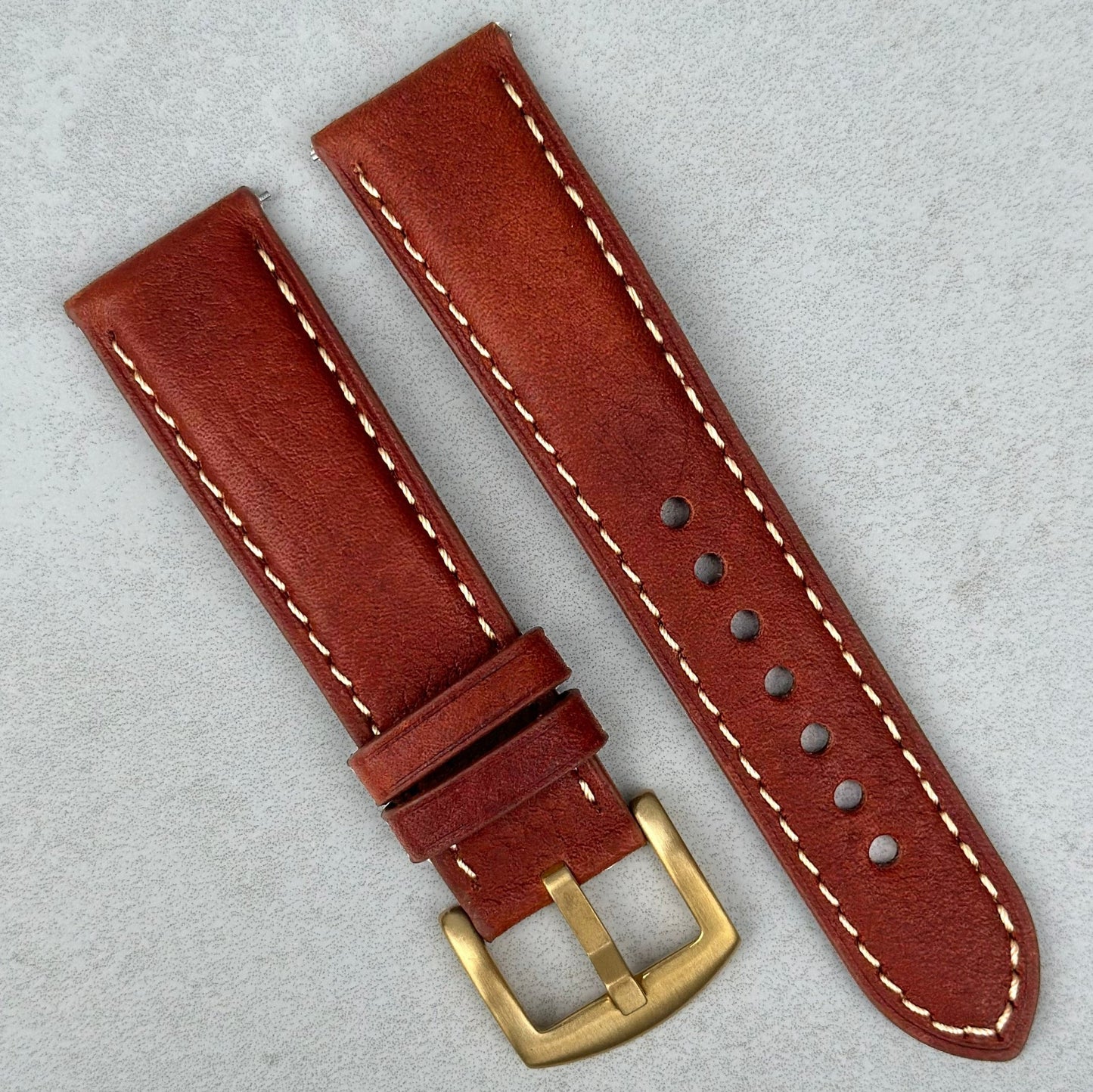 Rome terracotta brown Italian leather watch strap. Ivory stitching. PVD gold buckle. 18mm, 20mm, 22mm, 24mm. Watch And Strap