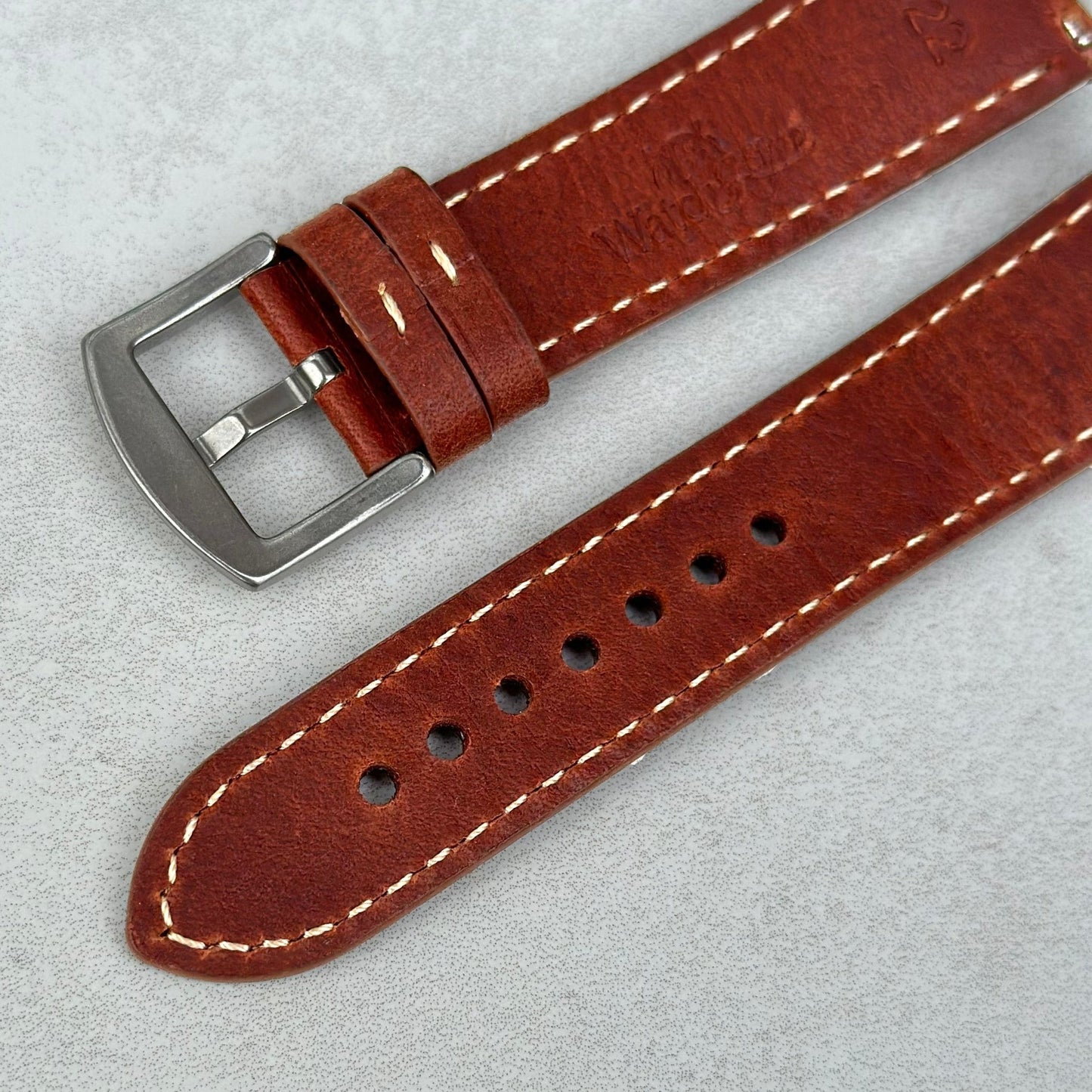 Rear of the brushed 316L stainless steel buckle on the Rome terracotta brown leather watch strap.
