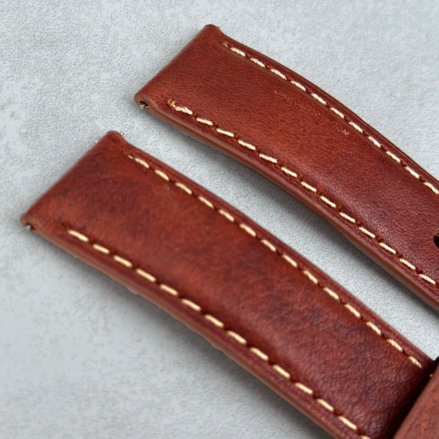 Top of the Rome terracotta brown Italian leather watch strap. Contrast ivory stitching. Padded strap. Watch And Strap.