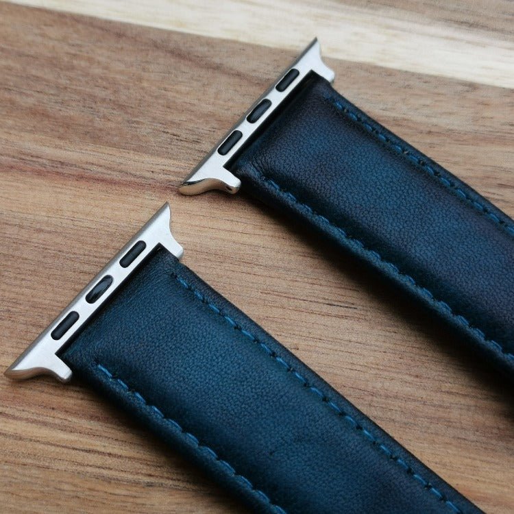 Top of the Milan blue vegetable tanned leather apple watch strap. Premium 316L stainless steel apple watch connectors.