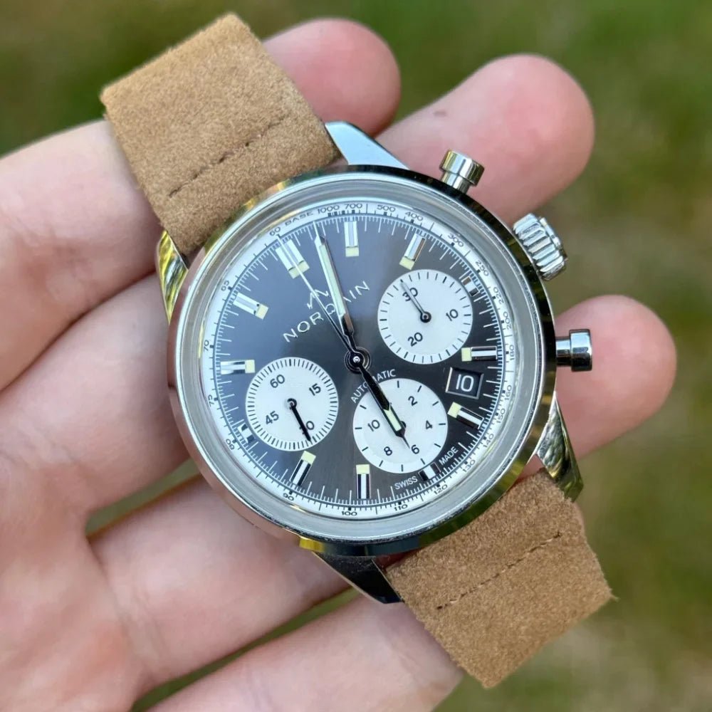 Capri tan suede watch strap on the Norqain Freedom 60. Handmade suede watch straps. Watch And Strap