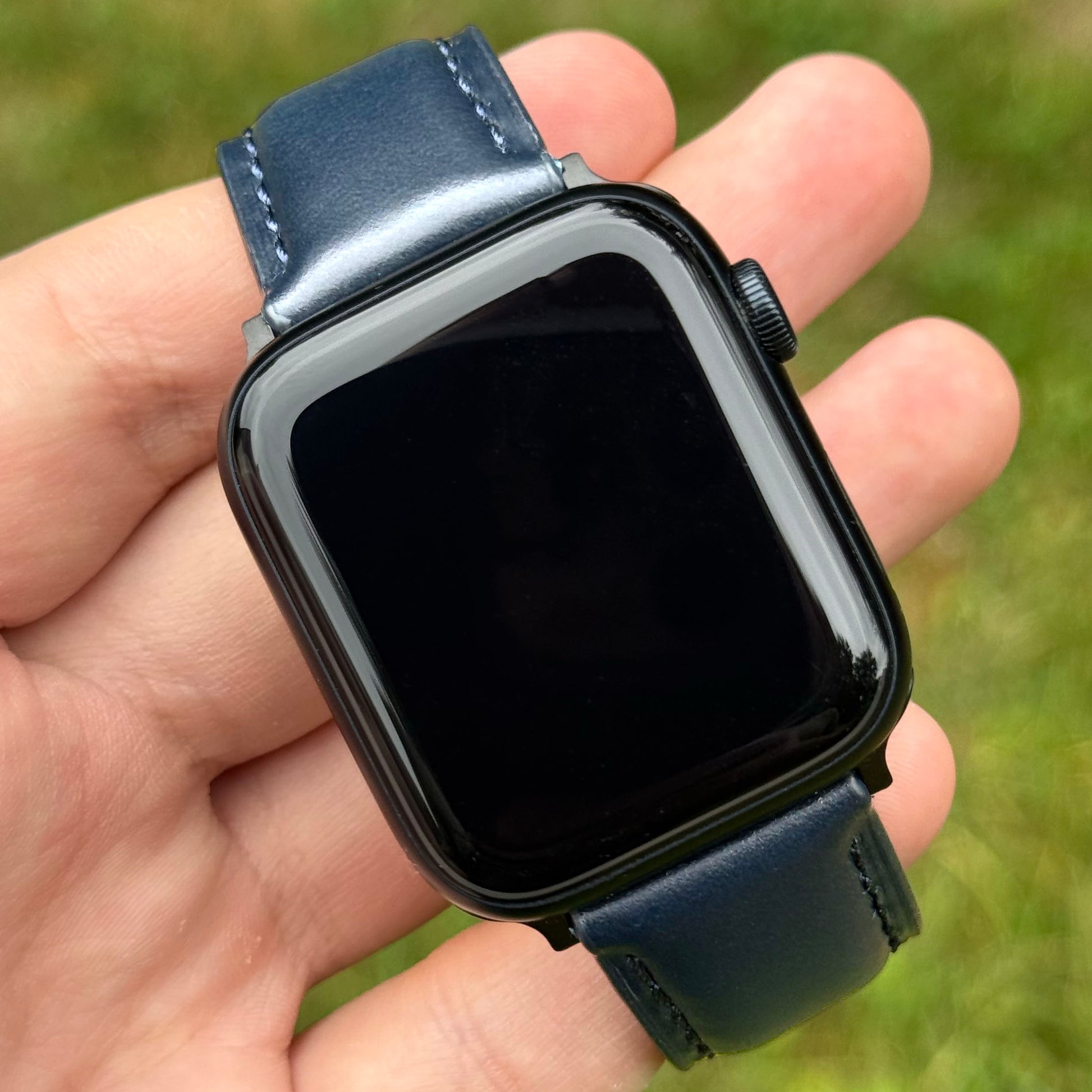 Apple Watch with the Athens blue full grain leather Apple Watch strap.