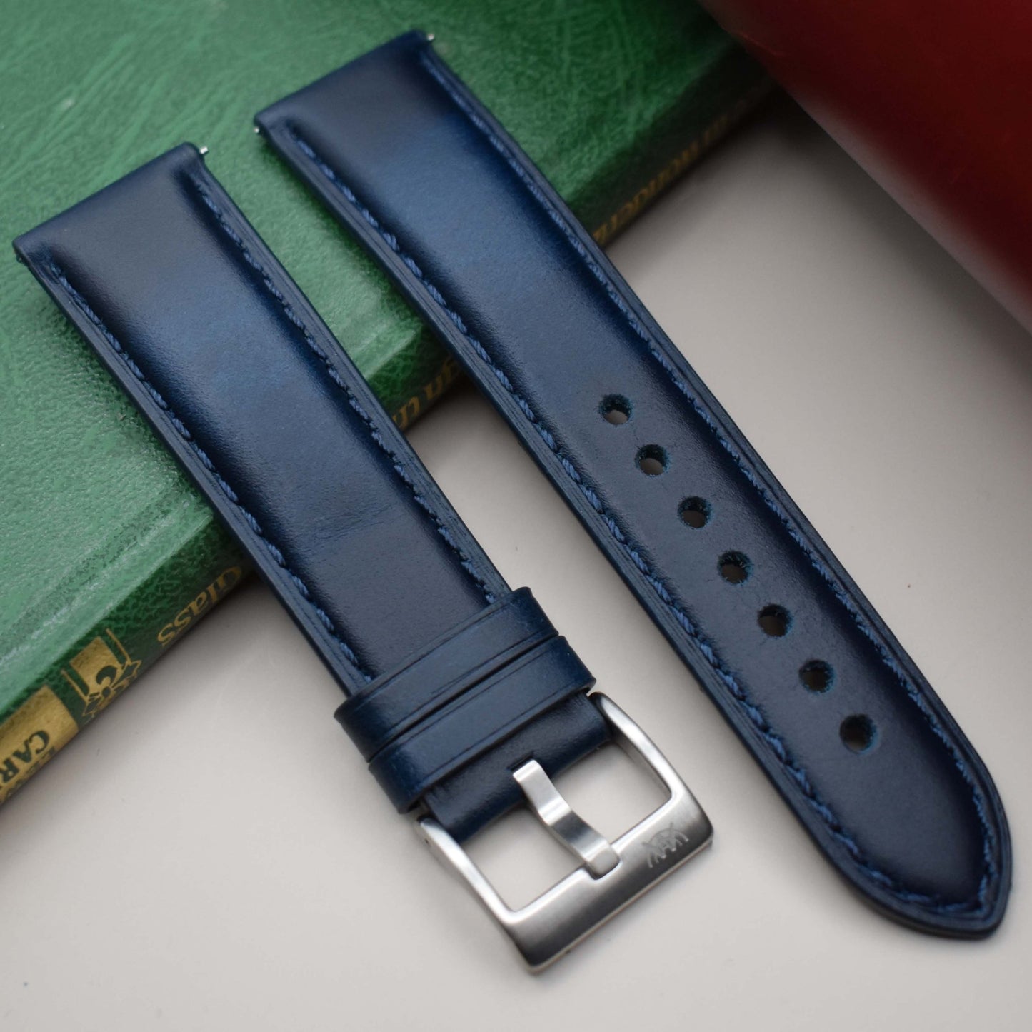 The Athens: Deep Ocean Blue Full Grain Leather Watch Strap. 316L stainless steel buckle. 18mm, 20mm, 22mm and 24mm.