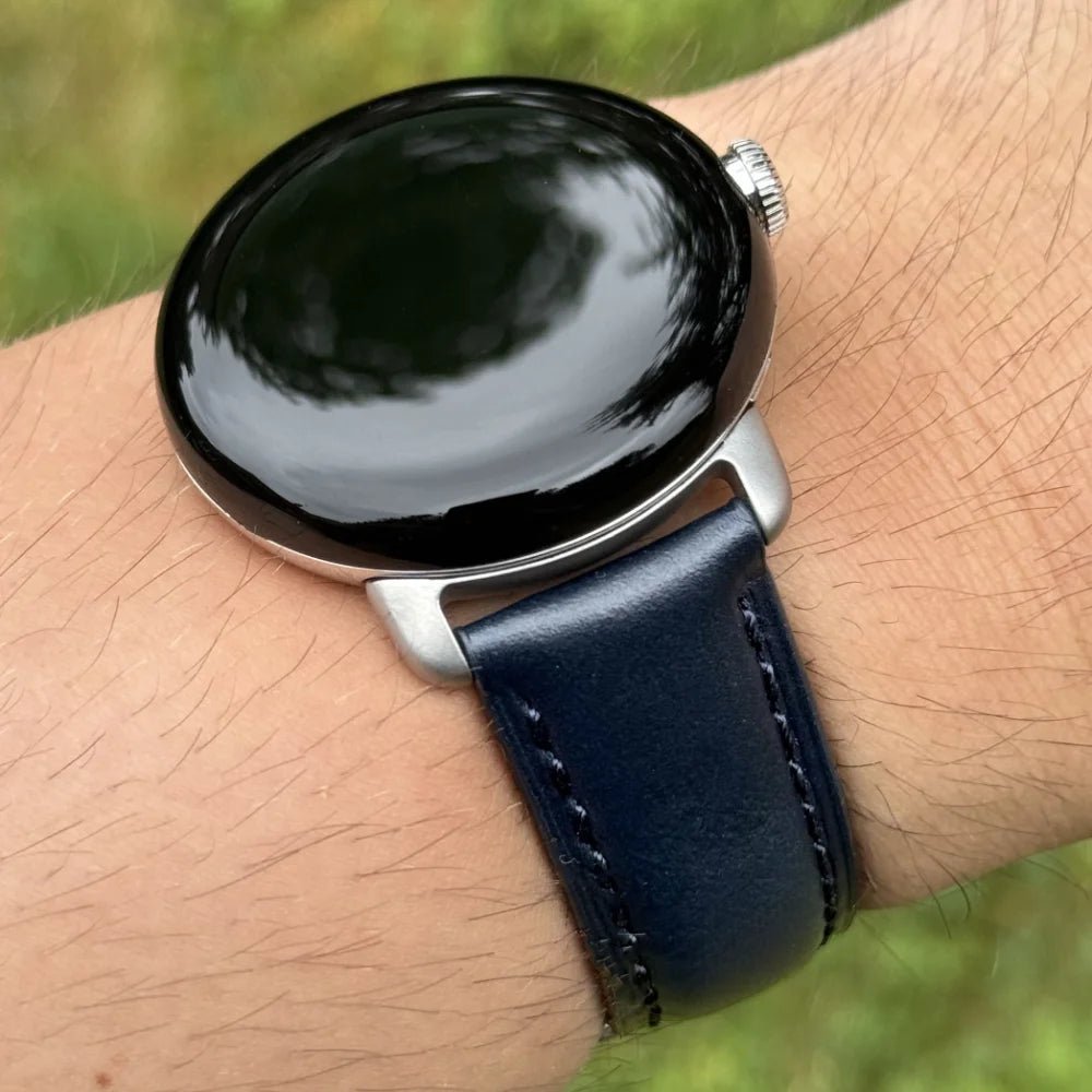 Navy Blue Full Grain Leather Google Pixel Watch Strap. Google Pixel Watch 2, 3, 4, 5. Stainless steel hardware. Watch And Strap.