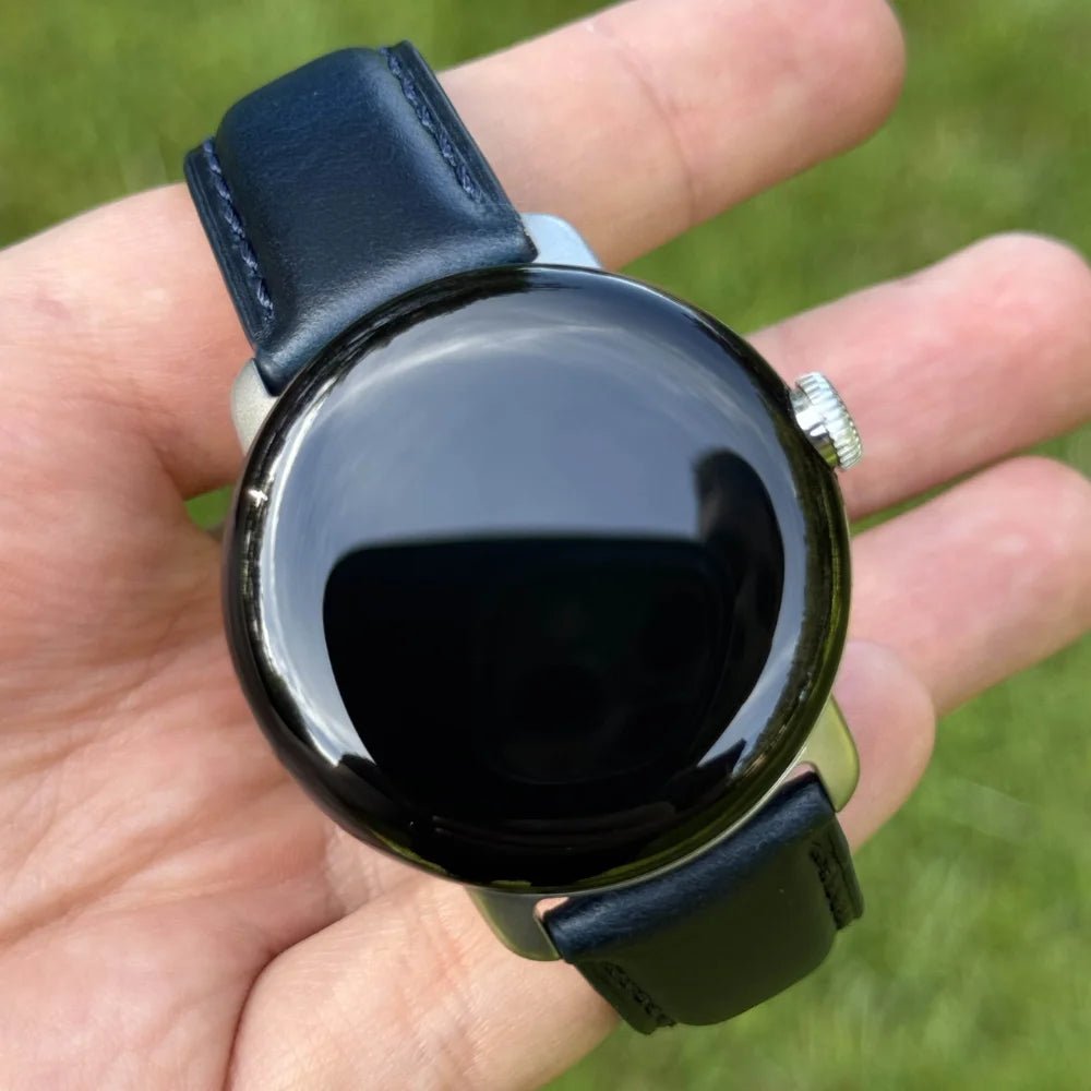 Navy Blue Full Grain Leather Google Pixel Watch Strap. Google Pixel Watch 2, 3, 4, 5. Stainless steel hardware. Watch And Strap.