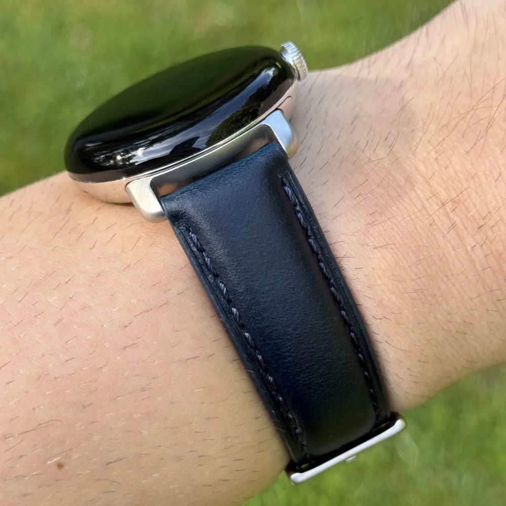 Navy Blue Full Grain Leather Google Pixel Watch Strap. Google Pixel Watch 2, 3, 4, 5. Stainless steel hardware. Watch And Strap.