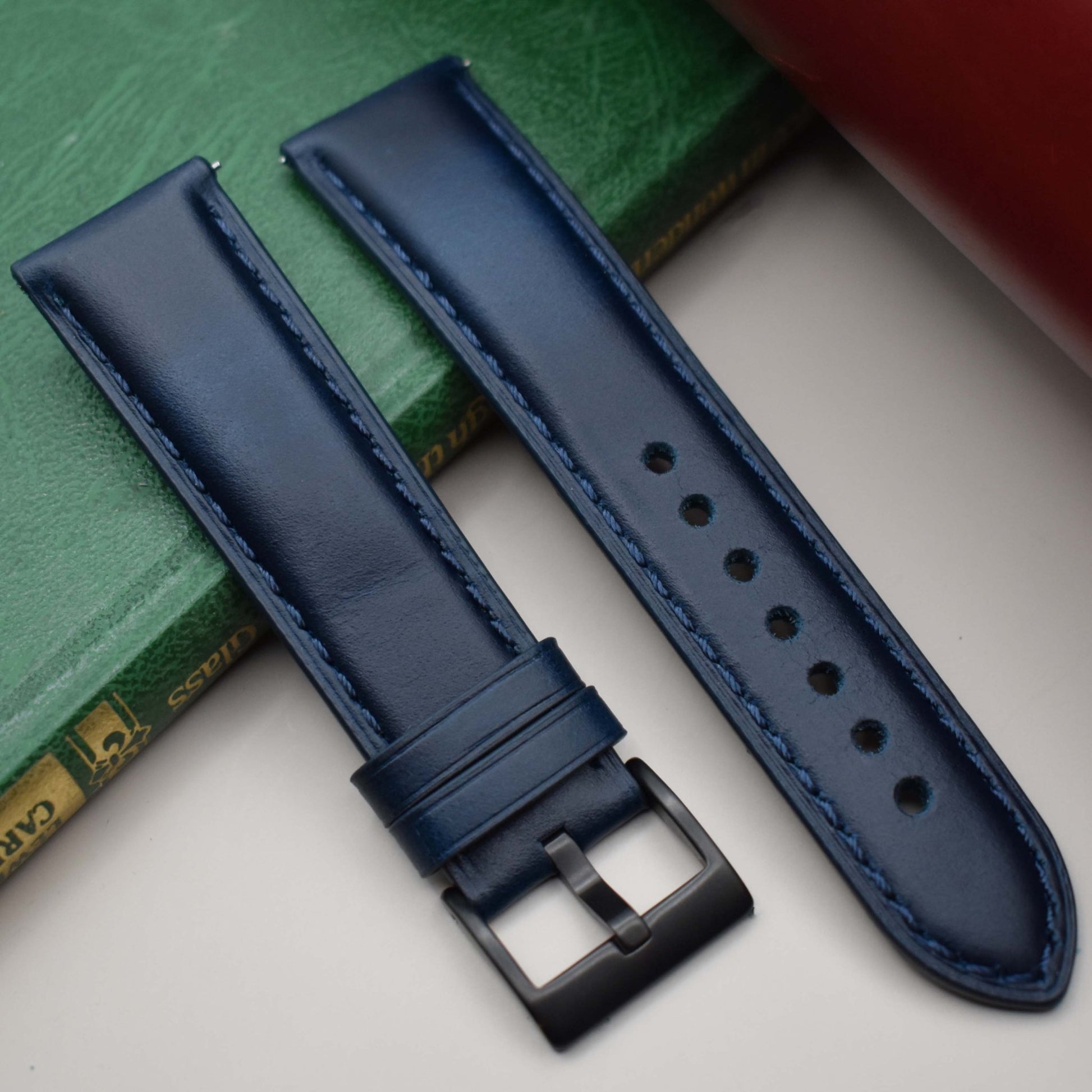 Athens Deep Ocean Blue Full grain leather watch strap. Padded leather watch band with PVD black stainless steel buckle.