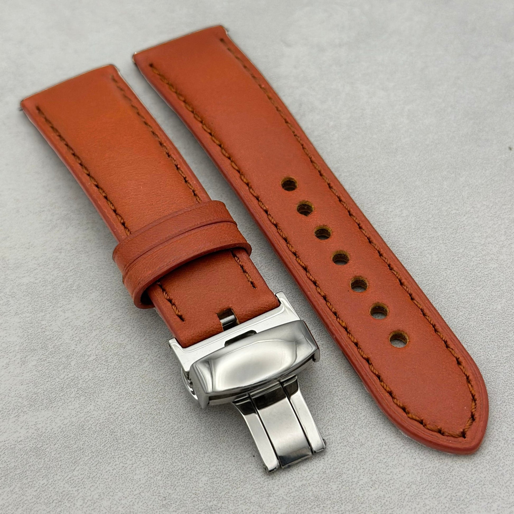 Athens cinnamon leather Apple Watch strap with polished butterfly clasp. Apple Watch Series 3 4 5 6 7 8 9 10, SE Ultra